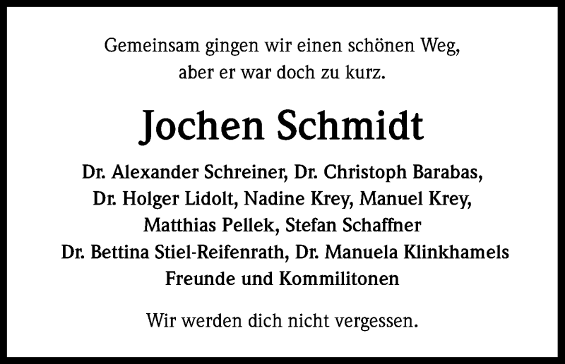  Traueranzeige für Jochen Schmidt vom 08.02.2014 aus Kölner Stadt-Anzeiger / Kölnische Rundschau / Express