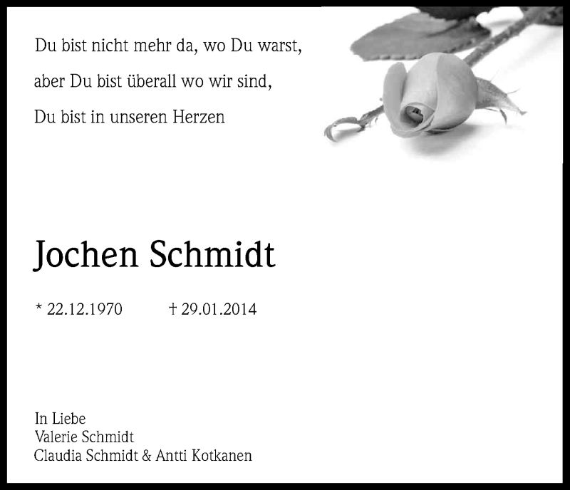  Traueranzeige für Jochen Schmidt vom 11.02.2014 aus Kölner Stadt-Anzeiger / Kölnische Rundschau / Express