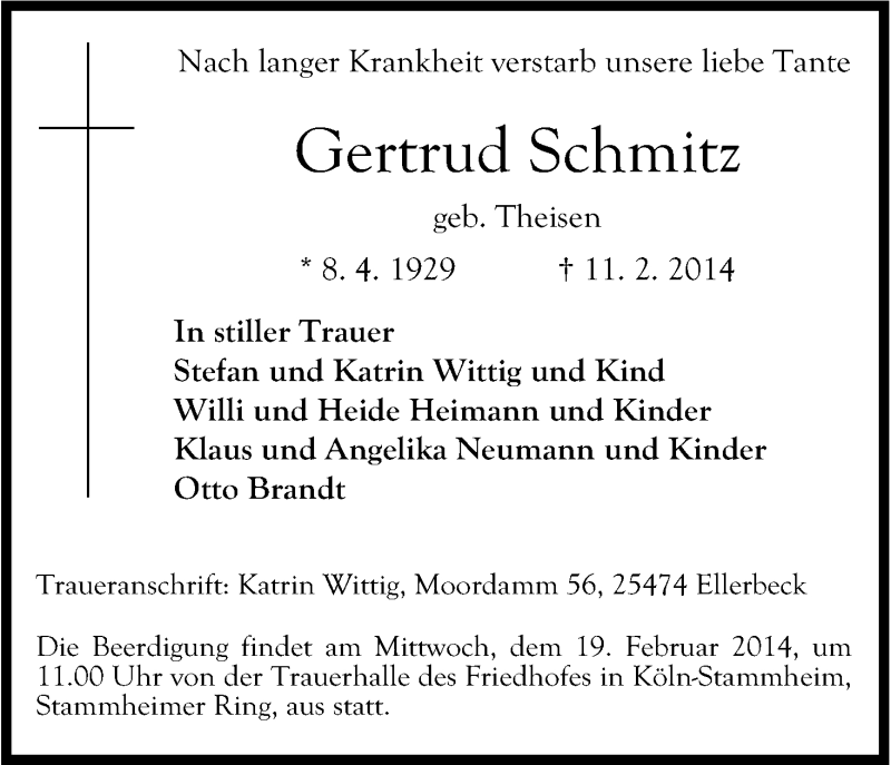  Traueranzeige für Gertrud Schmitz vom 15.02.2014 aus Kölner Stadt-Anzeiger / Kölnische Rundschau / Express