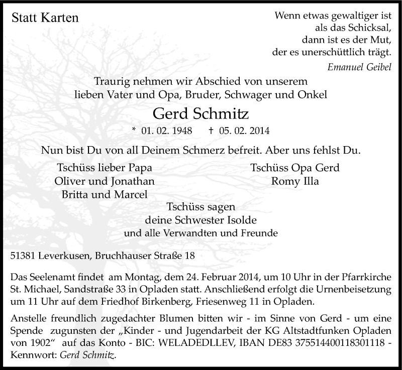  Traueranzeige für Gerd Schmitz vom 17.02.2014 aus Kölner Stadt-Anzeiger / Kölnische Rundschau / Express