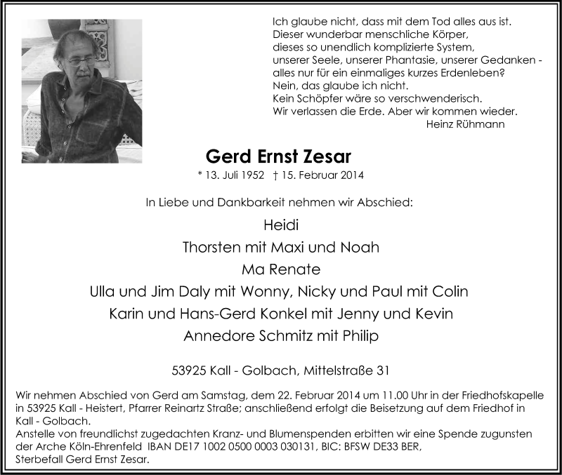  Traueranzeige für Gerd Ernst Zesar vom 19.02.2014 aus Kölner Stadt-Anzeiger / Kölnische Rundschau / Express
