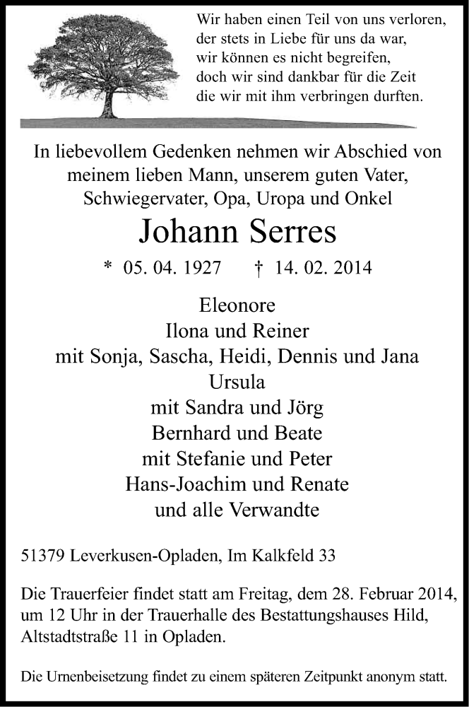  Traueranzeige für Johann  Serres vom 24.02.2014 aus Kölner Stadt-Anzeiger / Kölnische Rundschau / Express