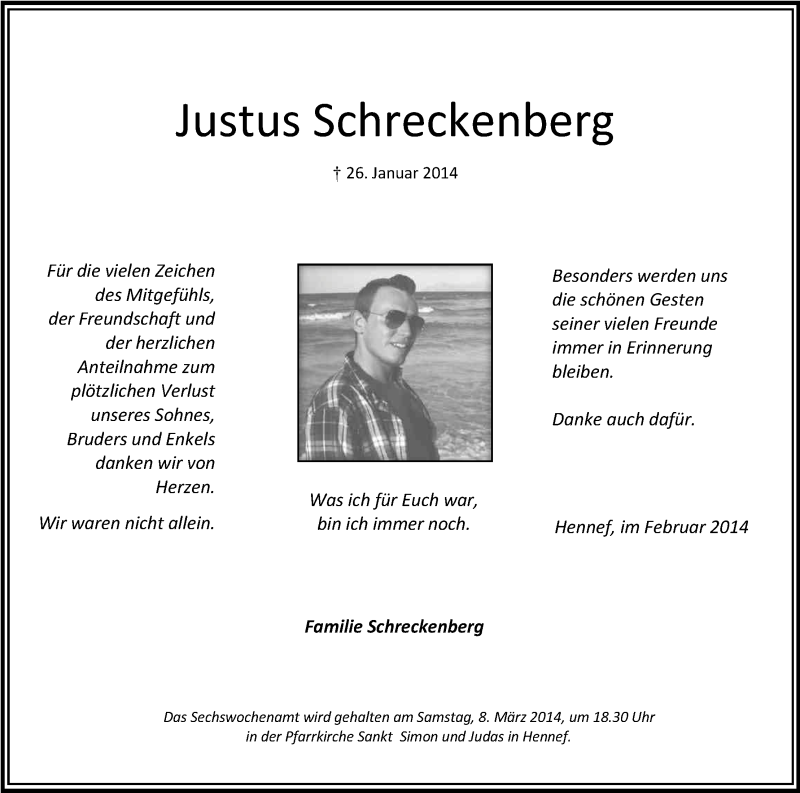  Traueranzeige für Justus Schreckenberg vom 22.02.2014 aus Kölner Stadt-Anzeiger / Kölnische Rundschau / Express