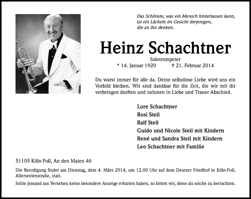  Traueranzeige für Heinz Schachtner vom 01.03.2014 aus Kölner Stadt-Anzeiger / Kölnische Rundschau / Express