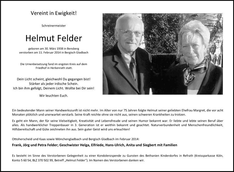  Traueranzeige für Helmut Felder vom 01.03.2014 aus Kölner Stadt-Anzeiger / Kölnische Rundschau / Express