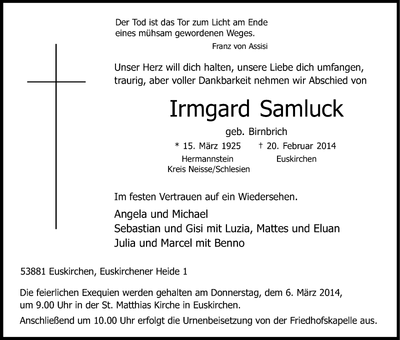  Traueranzeige für Irmgard Samluck vom 01.03.2014 aus Kölner Stadt-Anzeiger / Kölnische Rundschau / Express