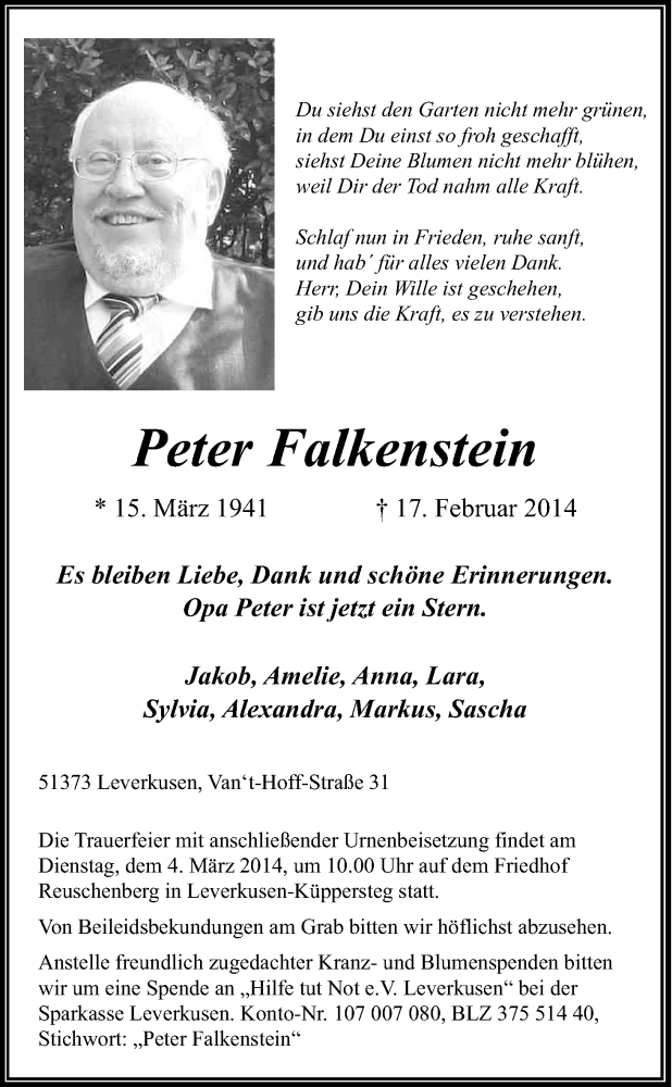  Traueranzeige für Peter Falkenstein vom 01.03.2014 aus Kölner Stadt-Anzeiger / Kölnische Rundschau / Express