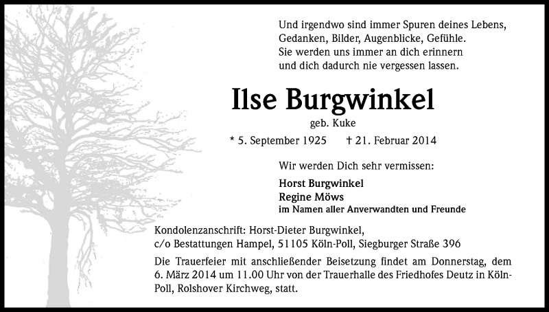  Traueranzeige für Ilse Burgwinkel vom 01.03.2014 aus Kölner Stadt-Anzeiger / Kölnische Rundschau / Express