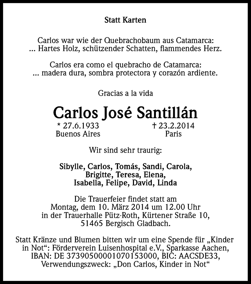  Traueranzeige für Carlos José Santillän vom 06.03.2014 aus Kölner Stadt-Anzeiger / Kölnische Rundschau / Express