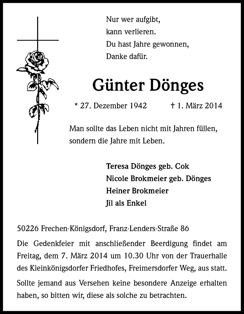  Traueranzeige für Günter Dönges vom 05.03.2014 aus Kölner Stadt-Anzeiger / Kölnische Rundschau / Express