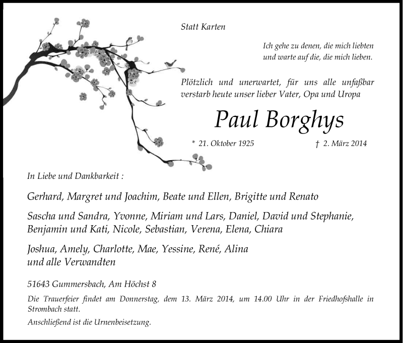  Traueranzeige für Paul Borghys vom 08.03.2014 aus Kölner Stadt-Anzeiger / Kölnische Rundschau / Express