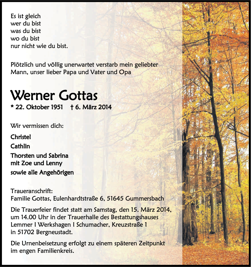  Traueranzeige für Werner Gottas vom 12.03.2014 aus Kölner Stadt-Anzeiger / Kölnische Rundschau / Express