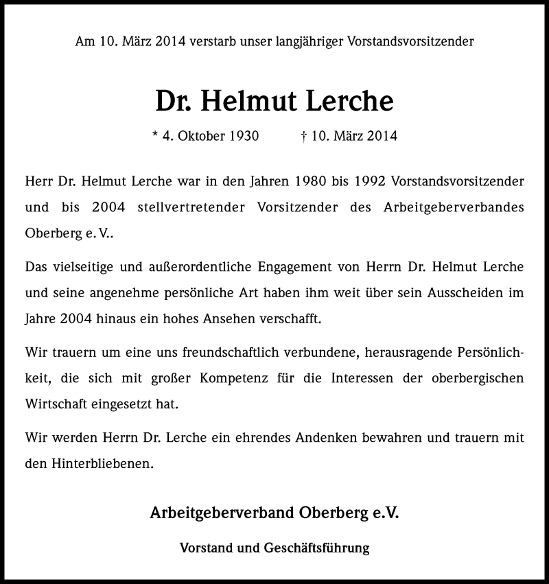  Traueranzeige für Helmut Lerche vom 15.03.2014 aus Kölner Stadt-Anzeiger / Kölnische Rundschau / Express