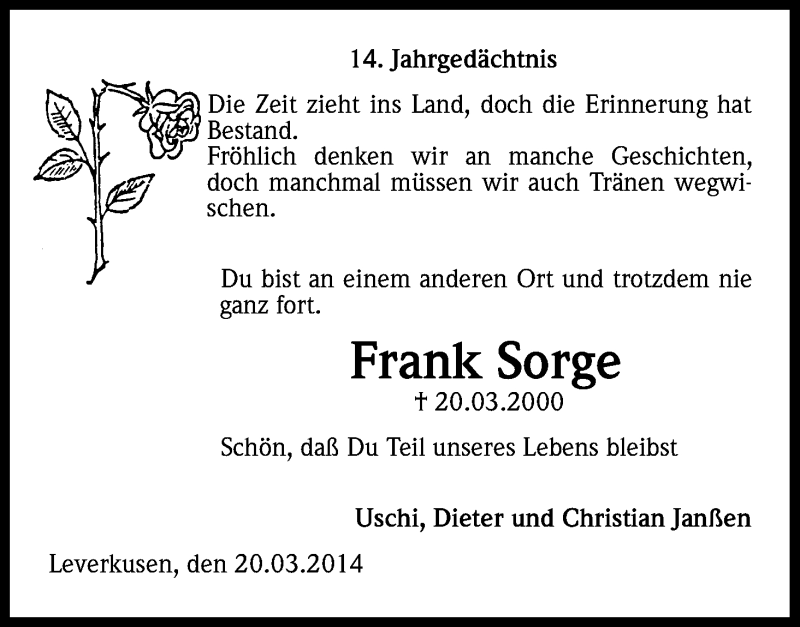  Traueranzeige für Frank Sorge vom 20.03.2014 aus Kölner Stadt-Anzeiger / Kölnische Rundschau / Express