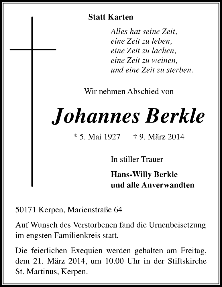  Traueranzeige für Johannes Berkle vom 20.03.2014 aus Kölner Stadt-Anzeiger / Kölnische Rundschau / Express