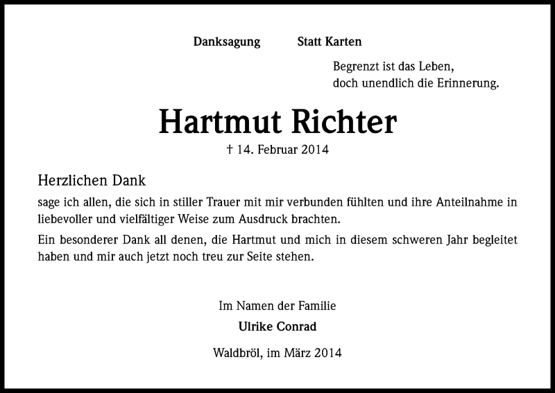  Traueranzeige für Hartmut Richter vom 22.03.2014 aus Kölner Stadt-Anzeiger / Kölnische Rundschau / Express