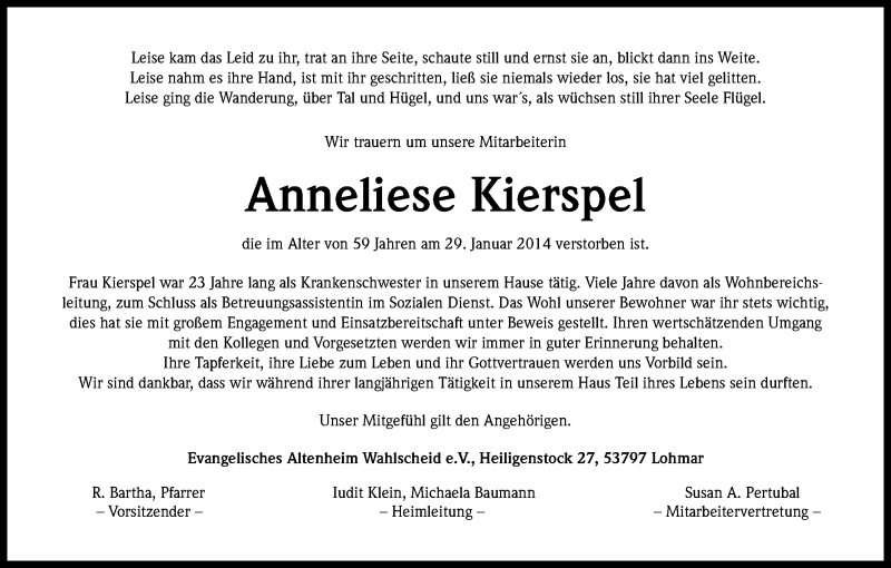  Traueranzeige für Anneliese Kierspel vom 22.03.2014 aus Kölner Stadt-Anzeiger / Kölnische Rundschau / Express