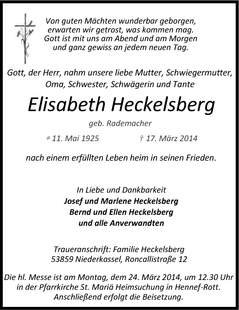  Traueranzeige für Elisabeth Heckelsberg vom 21.03.2014 aus Kölner Stadt-Anzeiger / Kölnische Rundschau / Express