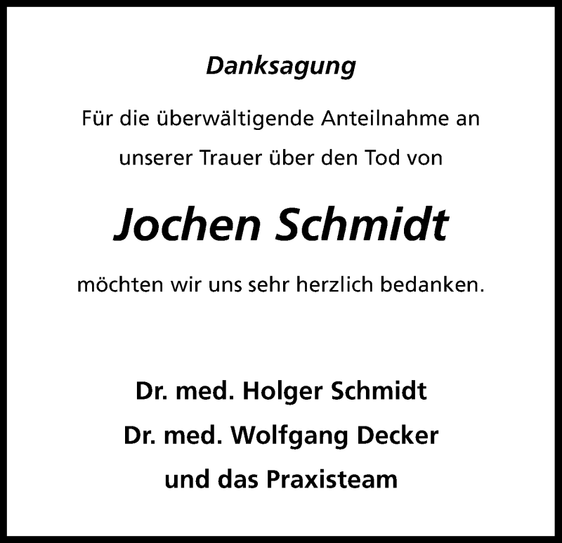  Traueranzeige für Jochen Schmidt vom 22.03.2014 aus Kölner Stadt-Anzeiger / Kölnische Rundschau / Express