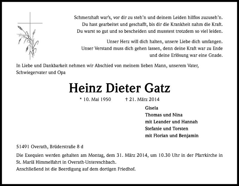  Traueranzeige für Heinz Dieter Gatz vom 26.03.2014 aus Kölner Stadt-Anzeiger / Kölnische Rundschau / Express