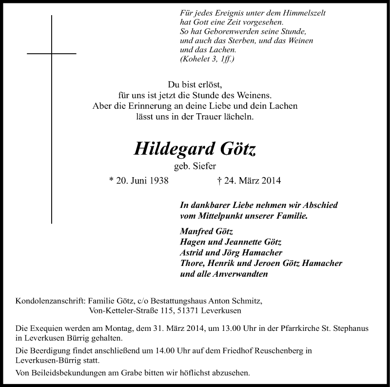  Traueranzeige für Hildegard Götz vom 27.03.2014 aus Kölner Stadt-Anzeiger / Kölnische Rundschau / Express