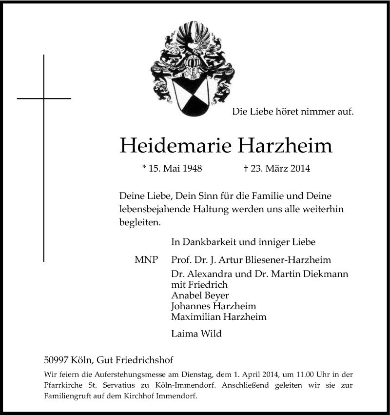  Traueranzeige für Heidemarie Harzheim vom 29.03.2014 aus Kölner Stadt-Anzeiger / Kölnische Rundschau / Express