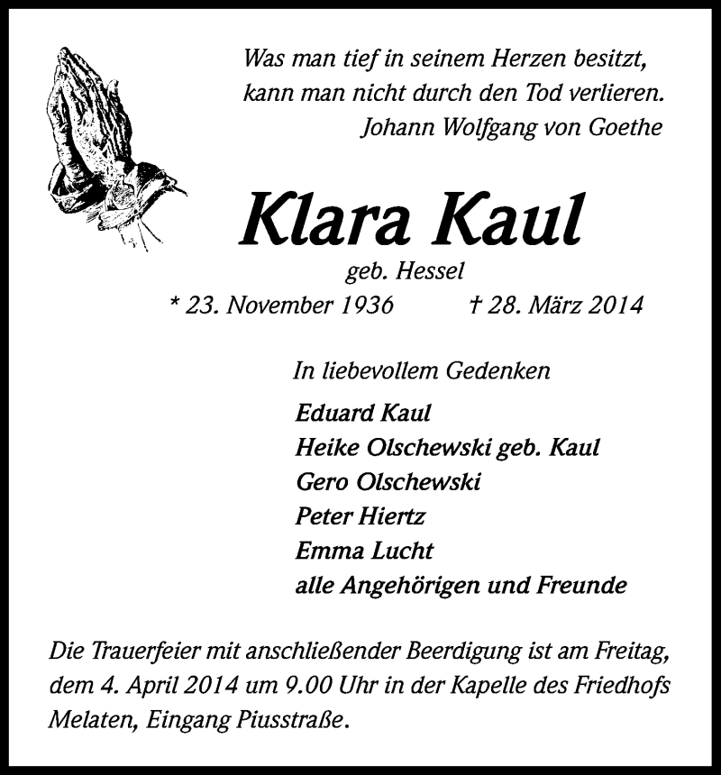  Traueranzeige für Klara Kaul vom 02.04.2014 aus Kölner Stadt-Anzeiger / Kölnische Rundschau / Express