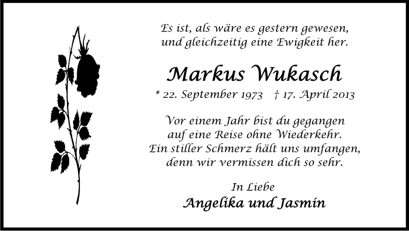  Traueranzeige für Markus Wukasch vom 17.04.2014 aus Kölner Stadt-Anzeiger / Kölnische Rundschau / Express