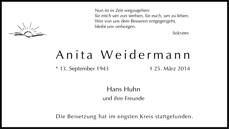  Traueranzeige für Anita Weidermann vom 05.04.2014 aus Kölner Stadt-Anzeiger / Kölnische Rundschau / Express