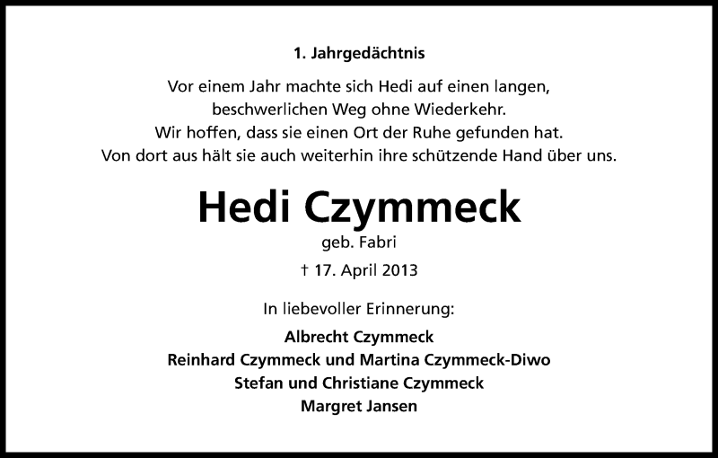  Traueranzeige für Hedi Czymmeck vom 17.04.2014 aus Kölner Stadt-Anzeiger / Kölnische Rundschau / Express