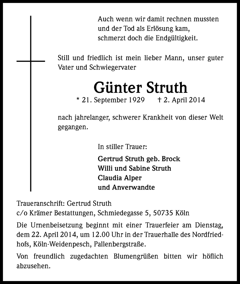  Traueranzeige für Günter Struth vom 16.04.2014 aus Kölner Stadt-Anzeiger / Kölnische Rundschau / Express