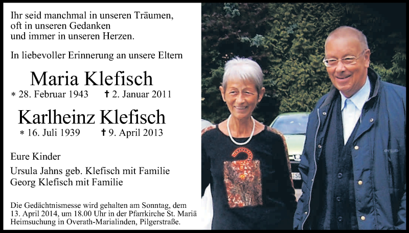  Traueranzeige für Maria und Karlheinz Klefisch vom 12.04.2014 aus Kölner Stadt-Anzeiger / Kölnische Rundschau / Express