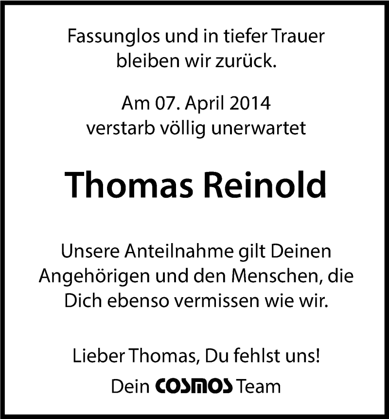  Traueranzeige für Thomas Reinold vom 12.04.2014 aus Kölner Stadt-Anzeiger / Kölnische Rundschau / Express