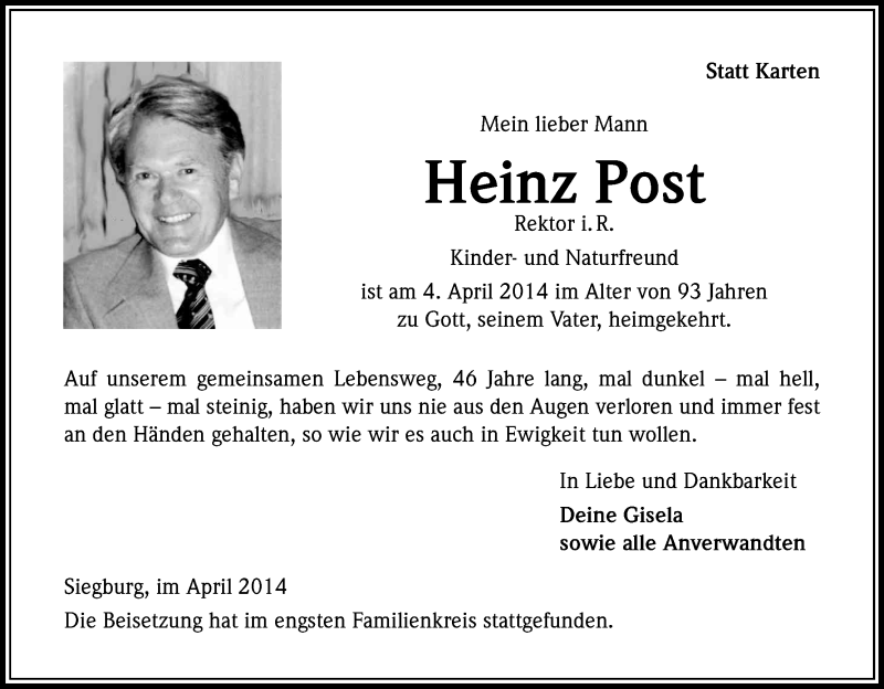  Traueranzeige für Heinz Post vom 12.04.2014 aus Kölner Stadt-Anzeiger / Kölnische Rundschau / Express