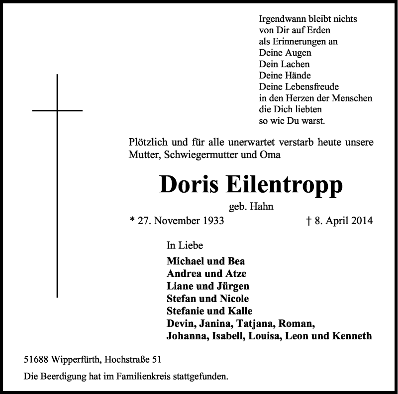  Traueranzeige für Doris Eilentropp vom 17.04.2014 aus Kölner Stadt-Anzeiger / Kölnische Rundschau / Express