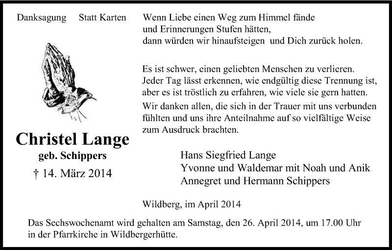  Traueranzeige für Christel Lange vom 17.04.2014 aus Kölner Stadt-Anzeiger / Kölnische Rundschau / Express