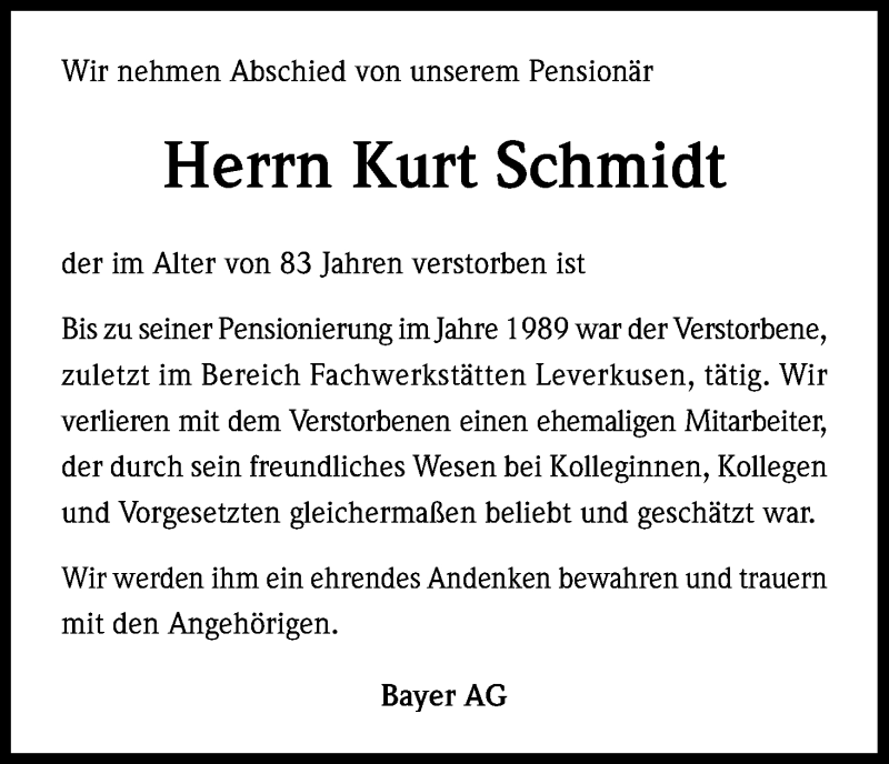  Traueranzeige für Kurt Schmidt vom 17.04.2014 aus Kölner Stadt-Anzeiger / Kölnische Rundschau / Express