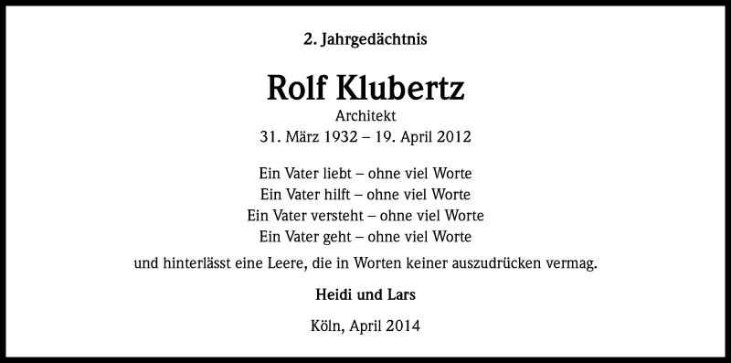  Traueranzeige für Rolf Klubertz vom 19.04.2014 aus Kölner Stadt-Anzeiger / Kölnische Rundschau / Express