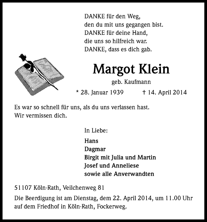  Traueranzeige für Margot Klein vom 17.04.2014 aus Kölner Stadt-Anzeiger / Kölnische Rundschau / Express