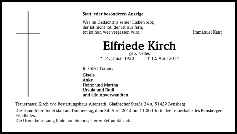  Traueranzeige für Elfriede Kirch vom 17.04.2014 aus Kölner Stadt-Anzeiger / Kölnische Rundschau / Express