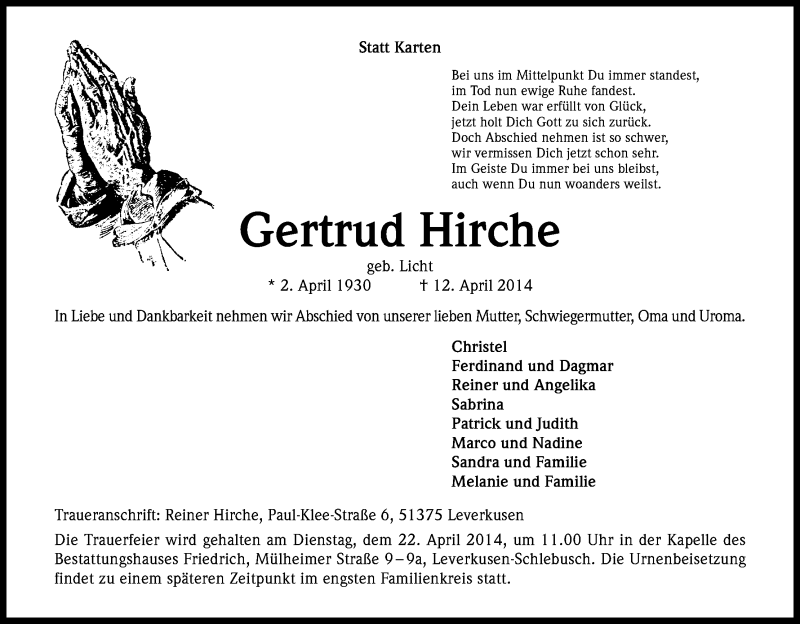  Traueranzeige für Gertrud Hirche vom 17.04.2014 aus Kölner Stadt-Anzeiger / Kölnische Rundschau / Express