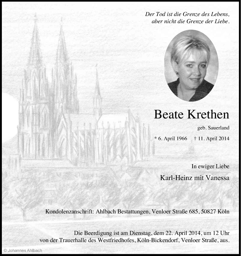  Traueranzeige für Beate Krethen vom 19.04.2014 aus Kölner Stadt-Anzeiger / Kölnische Rundschau / Express