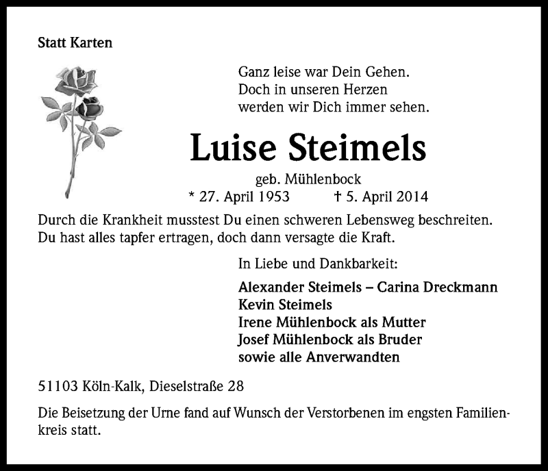  Traueranzeige für Luise Steimels vom 26.04.2014 aus Kölner Stadt-Anzeiger / Kölnische Rundschau / Express