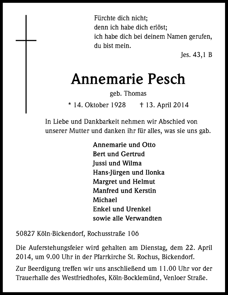  Traueranzeige für Annemarie Pesch vom 17.04.2014 aus Kölner Stadt-Anzeiger / Kölnische Rundschau / Express