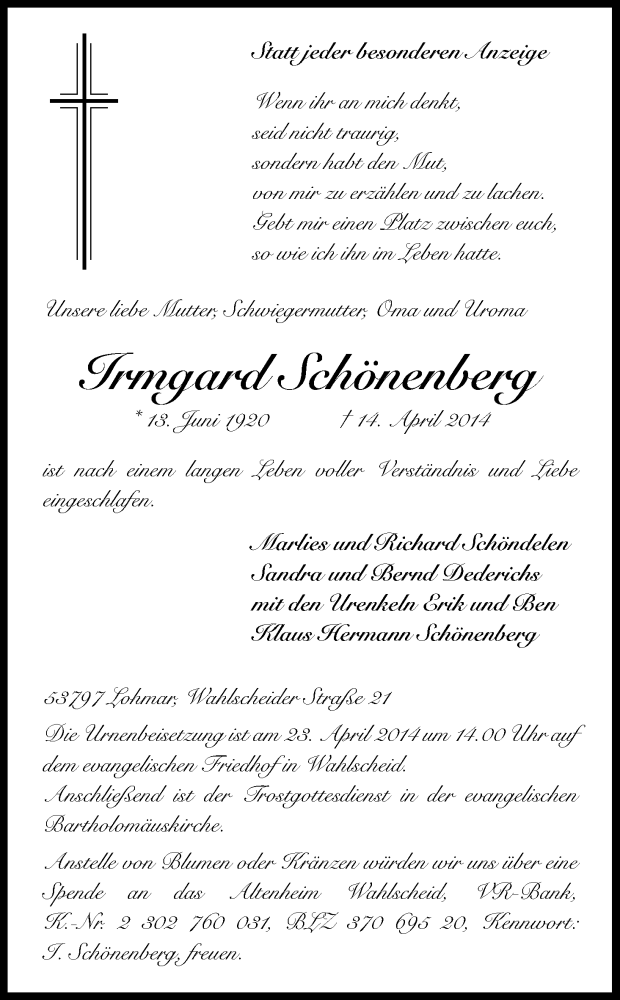  Traueranzeige für Irmgard Schönenberg vom 17.04.2014 aus Kölner Stadt-Anzeiger / Kölnische Rundschau / Express