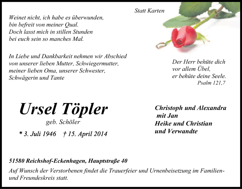  Traueranzeige für Ursel Töpler vom 17.04.2014 aus Kölner Stadt-Anzeiger / Kölnische Rundschau / Express