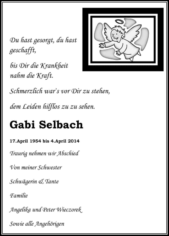  Traueranzeige für Gabi Selbach vom 19.04.2014 aus Kölner Stadt-Anzeiger / Kölnische Rundschau / Express