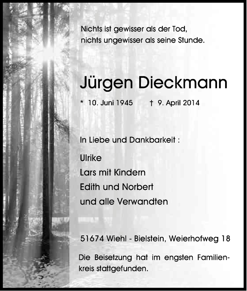  Traueranzeige für Jürgen Dieckmann vom 17.04.2014 aus Kölner Stadt-Anzeiger / Kölnische Rundschau / Express