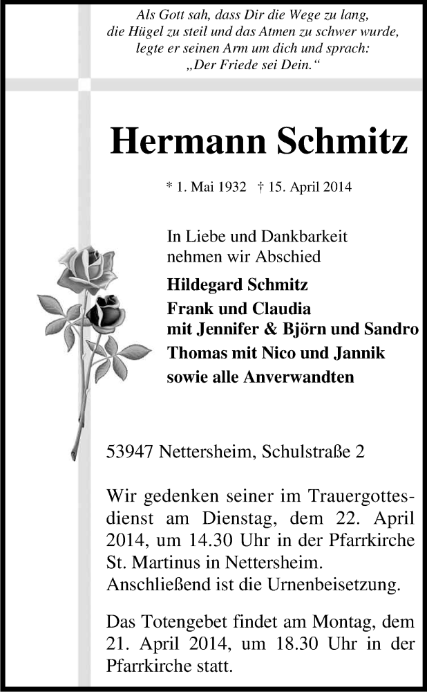  Traueranzeige für Hermann Schmitz vom 17.04.2014 aus Kölner Stadt-Anzeiger / Kölnische Rundschau / Express
