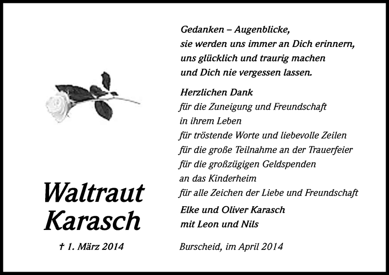  Traueranzeige für Waltraud Karasch vom 17.04.2014 aus Kölner Stadt-Anzeiger / Kölnische Rundschau / Express